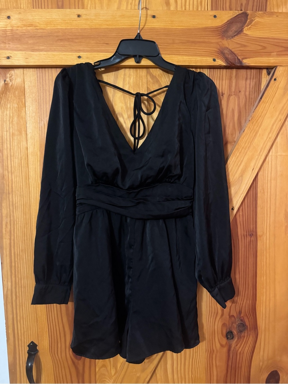 Black V-Neck Long Sleeve Romper with Back Tie